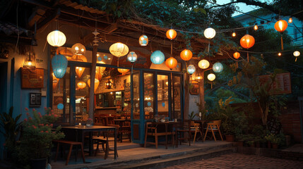 A quaint little neighbourhood cafe with hanging lanterns and outdoor seats.
 - obrazy, fototapety, plakaty