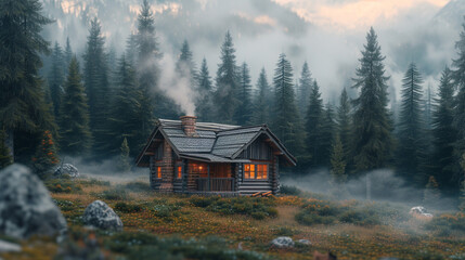 A cozy log cabin nestled among tall pine trees, with smoke rising from its chimney. - obrazy, fototapety, plakaty