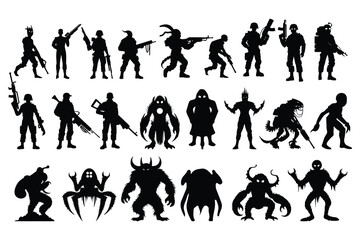 collection of modern and alien warrior silhouettes. a set of vector elements.