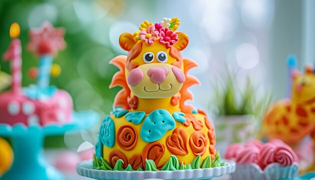 Playful animal-shaped birthday cake for a child's celebration, photographed in high definition, highlighting its adorable design and kid-friendly appeal with a HD camera,