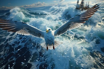 A majestic sea gull soars above the rolling waves, its wings gracefully gliding through the salty air as it watches over a ship navigating the vast expanse of the open ocean - obrazy, fototapety, plakaty