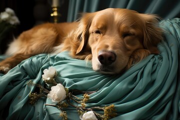 A majestic golden retriever, the epitome of a loyal pet, rests peacefully on a soft indoor blanket, embodying the true essence of a contented mammal