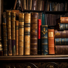 Old books stacked on a library shelf.