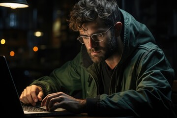 Obraz premium A focused man, clad in a green jacket and glasses, sits indoors using his laptop as the soft light illuminates his determined face
