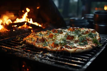 Foto op Plexiglas A sizzling slice of cheesy pizza dances on the fiery grill, tempting taste buds with its fast food flavor and indoor barbecue cuisine © LifeMedia