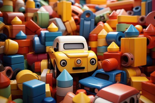 A vibrant assembly of toy blocks and plastic figures, beckoning with childlike wonder and nostalgia for the joy of play