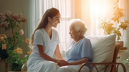 Harmony in the Healing Haven: A Compassionate Nurse Engages With a Grateful Patient in a Serene Hospital Room - obrazy, fototapety, plakaty