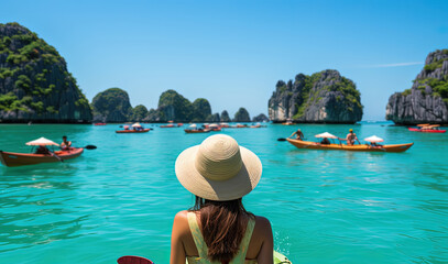 Serene Sail: Enigmatic Woman in Sun Hat Finds Tranquility on Boat Amidst Crystal Waters