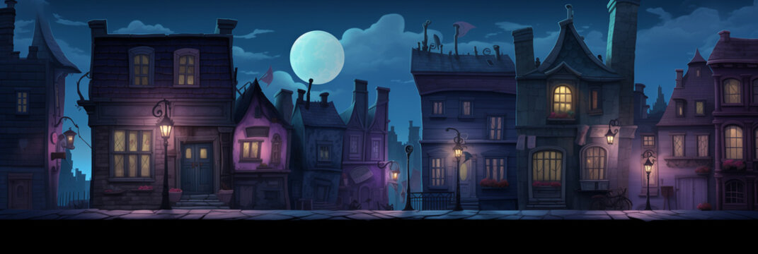 Dark Mysterious Village. Background image 3808x1280 pixels. Neo Game Art 018