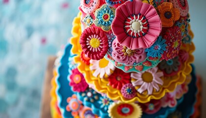 Obraz na płótnie Canvas An exquisite top-down view of a tiered birthday cake, intricately decorated with fondant details, vibrant colors, and an array of edible embellishments