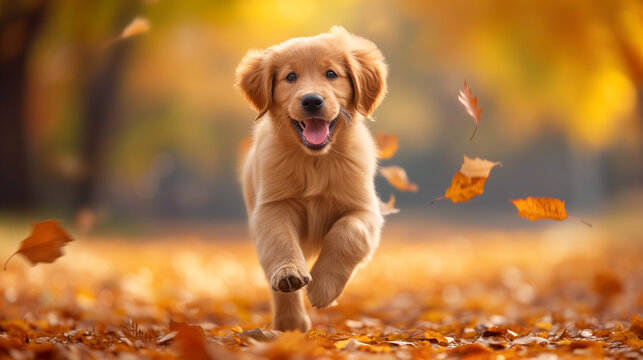 Happy dog running in the autumn nature