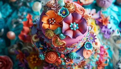 Obraz na płótnie Canvas An exquisite top-down view of a tiered birthday cake, intricately decorated with fondant details, vibrant colors, and an array of edible embellishments