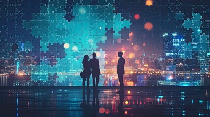 Business people with jigsaw puzzle pieces. Generative AI.