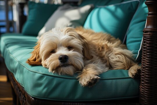 A fluffy schnoodle puppy peacefully lounges on a plush cushion, embodying the perfect indoor companion dog with its playful mix of poodle, labradoodle, and yorkipoo breeds