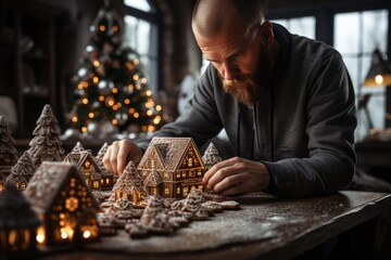 A festive man, clad in warm winter clothing, carefully constructs a charming gingerbread house amidst a beautifully decorated christmas tree indoors