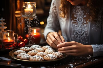 Naklejka na ściany i meble A woman indulges in a delectable treat, surrounded by the warmth of a candle and the comforting aroma of freshly baked goods at an indoor bakery