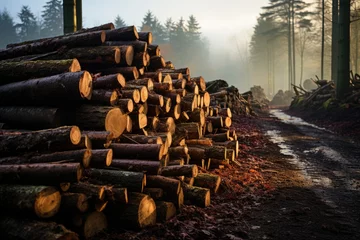 Fotobehang A dense fog blankets the winter sky, casting an eerie ambiance over the outdoor logging site as a factory hums in the distance, surrounded by a pile of freshly cut tree logs on the rugged ground © Martin