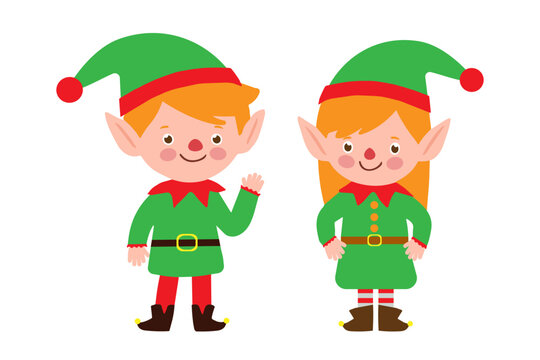 Christmas elves clipart for kids. Cute elf illustration for xmas. Elf boy and elf girl images
