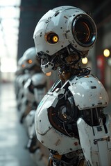 Fototapeta premium A row of meticulously crafted automaton, adorned in stylish robotic clothing, stand in perfect synchronization, exuding a sense of both unity and individuality