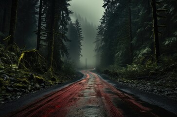 Fototapeta premium A mystical journey through the dense forest, where the fog caresses the towering trees and the damp ground leads to unknown destinations