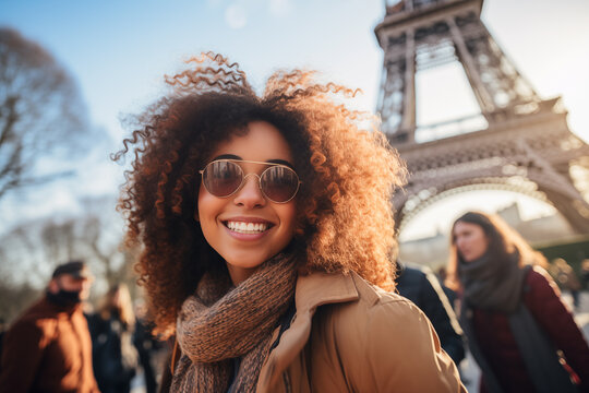 Selfie or portrait of a happy female tourist in france with the eiffel tower in the background. Generative AI