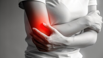 Woman suffering from pain in the elbow. Health care and medical concept.