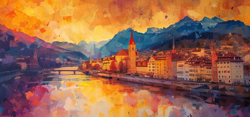 Beautiful Switzerland city watercolor painting in the style of golden light