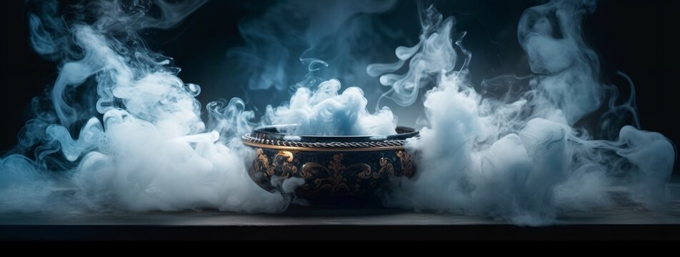 Witch's potion, magic bowl with smoke