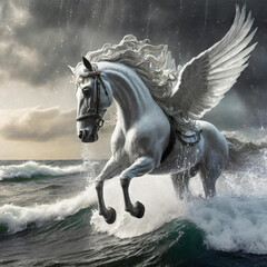 White Pegasus rising up in the middle of the ocean