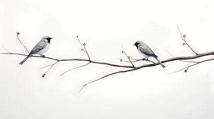 A solitary bird perched on a branch against a stark white background.