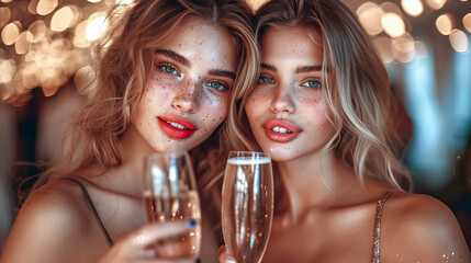 Beautiful Women Cheers. Friends in Party. Champagne Delight