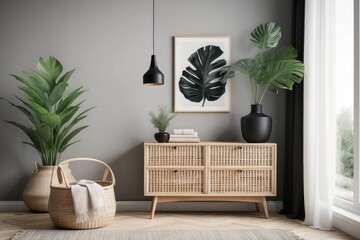 Scandinavian design home interior of living room with wooden commode, design black lamp, rattan basket, plants and elegant accessories