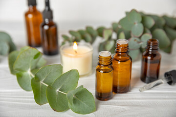 Eucalyptus essential oil in a glass bottle with green eucalyptus leaves on a textured wooden background. Aromatherapy concept. Spa. Natural organic ingredients for cosmetics and body care.Copy space
