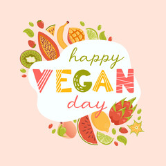 Happy vegan day. Banner in cartoon style. Fresh tropical fruits, harvesting. Tropical exotic fruits. Fresh lemon, lime wedges, watermelon, pitahaya dragon, star fruit, papaya, mango and kiwi