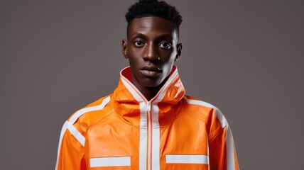 Obraz premium A man confidently walks down the city street, wearing a vibrant orange and white jacket.