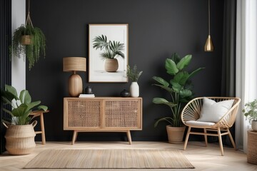 Scandinavian design home interior of living room with wooden commode, design black lamp, rattan basket, plants and elegant accessories