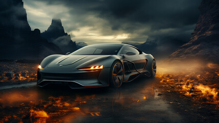 Black sports car on drak dramatic cloudy