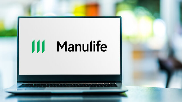 Laptop computer displaying logo of Manulife