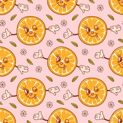 Orange a cute retro cartoon character. Groovy vintage summer seamless pattern. Trendy old style. 1970s. Tropical exotic fruits. Healthy food. For menu, cafe, wallpaper. Veganuary.