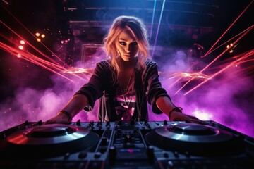 A woman DJ skillfully mixes music while standing in front of vibrant purple and red lights.