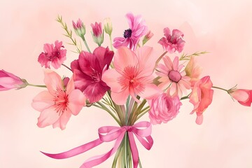 Fototapeta na wymiar Watercolor Bouquet with Ribbon on Pastel Background
