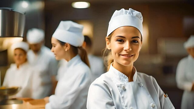 Pretty young woman chef in the kitchen, smiling in front of the camera