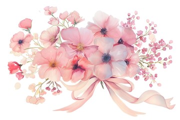 Watercolor Bouquet with Ribbon on Pastel Background