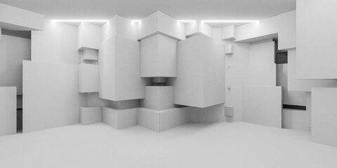 abstract white empty room filled with boxes 3d render illustration