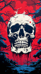 Cartoon Skull Illustration.  Grunge Horror Art with Skeleton.  Demonic Design