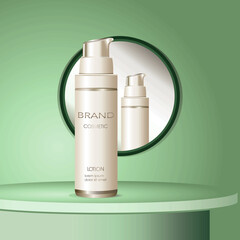 cosmetic mockup bottle on green background, luxury cosmetics promotion platform composition realistic vector background, pump dispenser bottle mockup