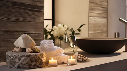Fototapeta na wymiar A spa-like bathroom with natural stone textures, featuring skincare products and a candle, setting a serene atmosphere for self-care