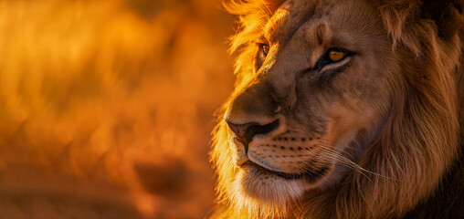 Portrait of a strong male lion in the jungle. AI Generative