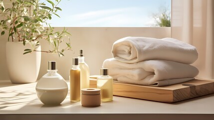 Obraz na płótnie Canvas A spa-like environment with essential oils, a diffuser, and soft towels, creating a serene ambiance associated with health and beauty