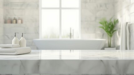 Fototapeta na wymiar Modern White Bathroom Interior with Elegant Marble Table Top for Product Display